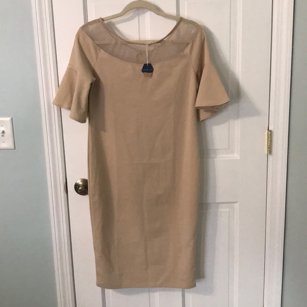 Beige Polka Dot Mesh Ruffle Maternity Dress
